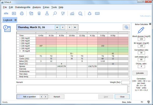 SiDiary - Diabetes Software - blood glucose standard day